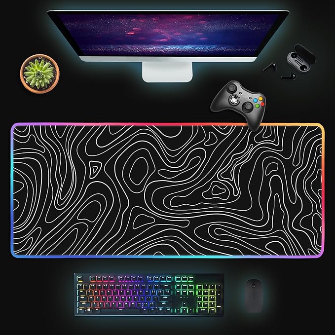 UJoowalk RGB Gaming Mouse Pad, Topographic Large, LED XL Keyboard and Mouse Pad, Desk Mat, 31.5 x 11.8 in, Black Minimalist Line Desk Pad