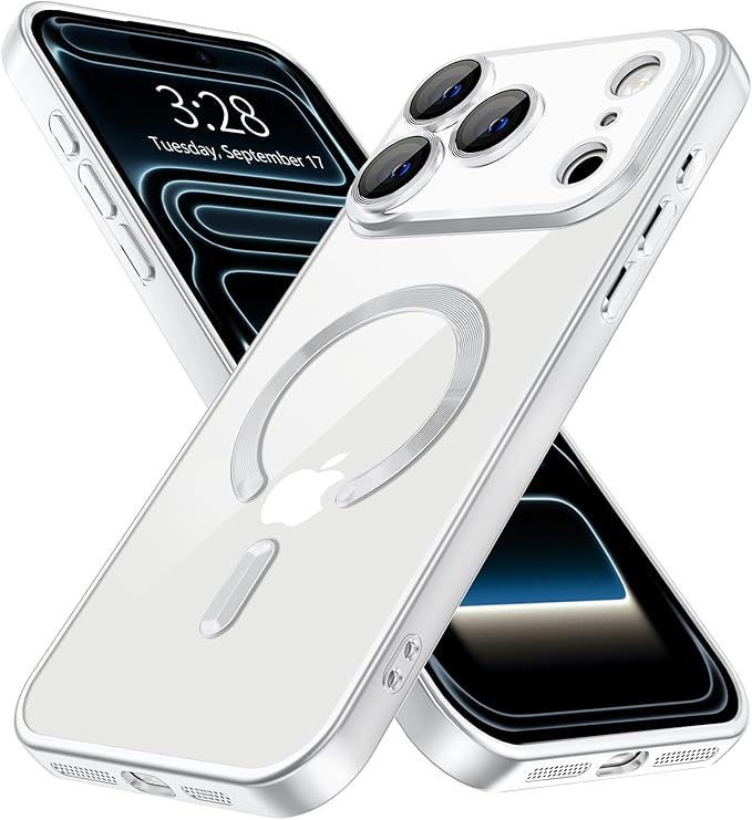 Hython Magnetic Clear for iPhone 17 Pro Case with Camera Lens Protector [Compatible with MagSafe] Luxury Plating Edge Slim Soft TPU Cover Protective Phone Case for iPhone 17 Pro 6.3", Matte Silver