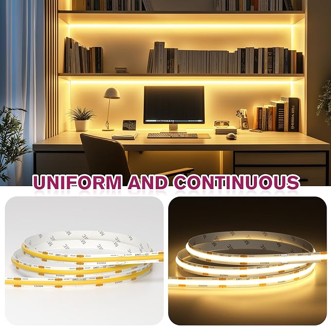 EMITEVER COB LED Strip Lights Warm White, 3000K Tape Light Premium High Density, DC 24V, 360+Lumens/ft, 5120LEDs/Spool, Ra 90+, 32.8ft/10m, UL Listed 5 Year After-Service(Power Supply Sold Separately)