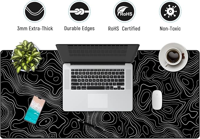 JIALONG Black Topographic Large Gaming Mouse Pad, XXL Mousepad, Big Mouse Mat Desk Pad for Keyboard and Mouse, Gaming Computer Laptop PC Desk Office Accessories