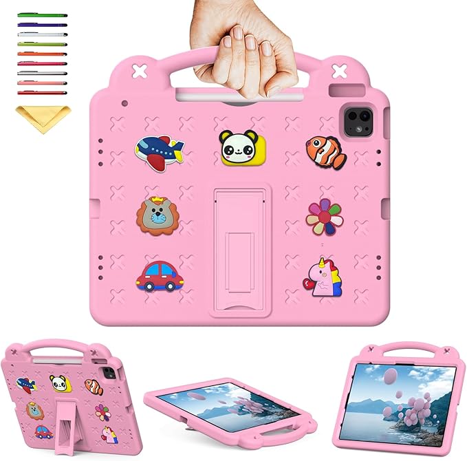 Kids Case for iPad Air 13 inch M3 2025/M2 2024,iPad Pro 13 inch M4 2024 & iPad Pro 12.9 inch Case 6th/5th/4th/3rd Gen 2022 2021 2020 2018 with Stand/Pencil Holder/Handle, Pink Bear