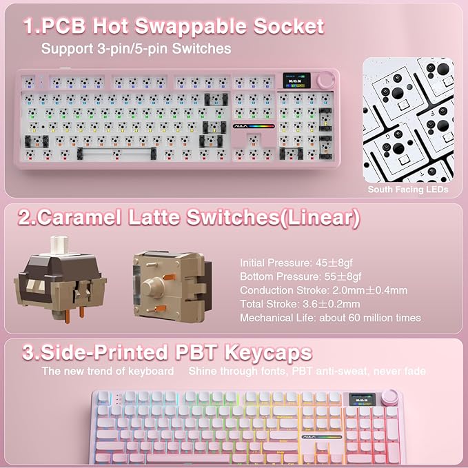 AULA F108 PRO - Wireless Mechanical Keyboard with Screen & Knob,Full Size Keyboard with 8000mAh Battery,Pre-lubed Switches,Side Printed PBT Keycaps,RGB Backlit Hot Swappable Custom Pink Keyboards