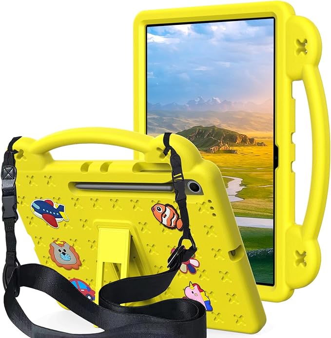 AKABEILA Compatible with Samsung Galaxy Tab A11+ 2025 Tablet Case, Kids Friendly Universal Lightweight Shockproof Protective Case with Shoulder Strap & Stand Handle Yellow