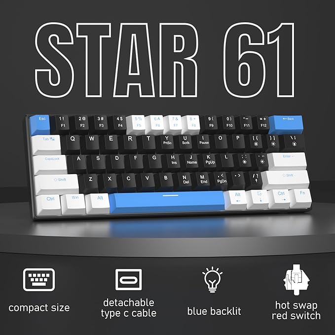 Camiysn 60% Mechanical Gaming Keyboard,White Black Blue Keycaps Gaming Keyboard with Linear Red Switch, Detachable Type-C Cable Mini Keyboard with Blue LED Light for Windows/Mac/PC/Laptop