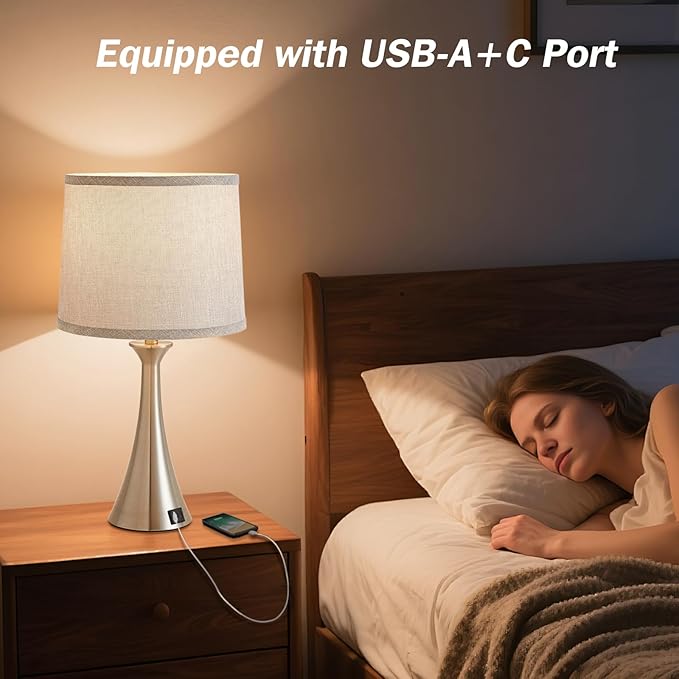 Touch Lamp for Living Room Bedroom, 21" Table Lamps Set of 2 with USB C+A Ports and Grey Lamp Shades, Touch Bedside Lamps for Nightstand with 3 Way Dimmable, 2 LED Bulbs Included, Silver