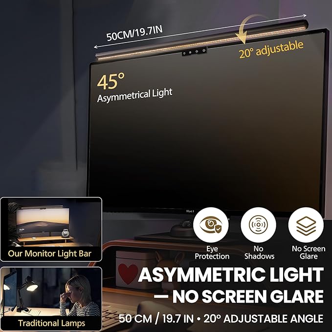 Monitor Light Bar 19.7", No-Glare Asymmetric Screen Lamp, Auto-Dimming, CRI Ra97, 2700K6500K & Stepless Dimming, Touch Control, Includes 5V/2A Adapter, Fits 0.21.1" Monitors (Not for Laptops)