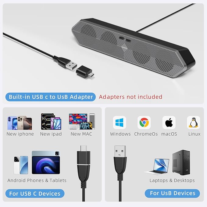Computer Speakers for Desktop Pc, Wired USB Powered Bluetooth PC Speakers with Stereo Clear Sound, Gaming Speakers Sound Bar for Computer Desktop PC Laptop Monitor, Bluetooth & USB Input Black