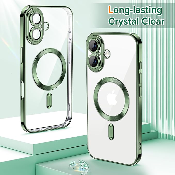 Hython Magnetic Clear for iPhone 17 Case with Camera Lens Protector [Compatible with MagSafe] Luxury Plating Edge Slim Soft TPU Cover Protective Phone Case for iPhone 17 6.3", Deep Green