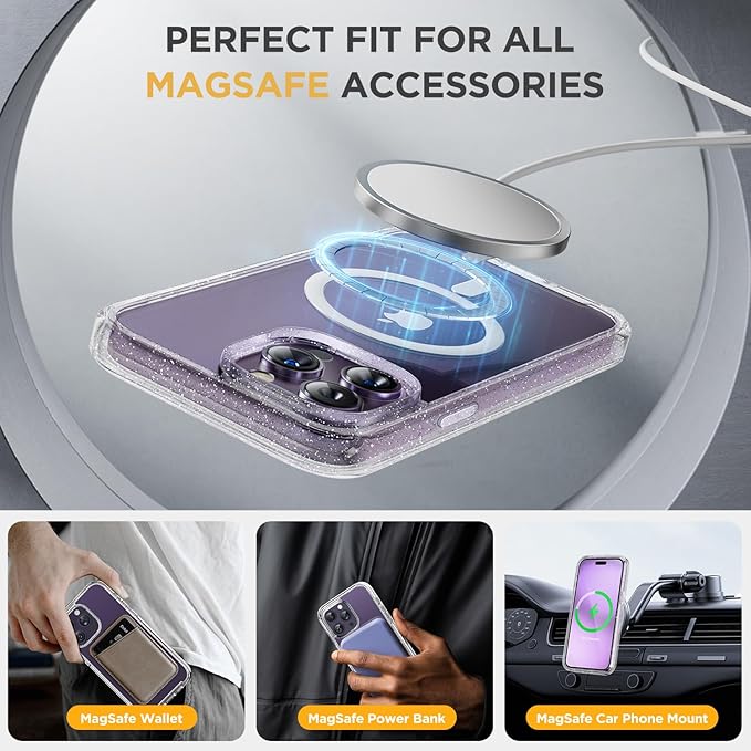 Miracase Magnetic for iPhone 14 Pro Max Case 6.7 inch, (Compatible with MagSafe) Upgrade Full-Body Clear Phone Bumper Case with Built-in 9H Tempered Glass Screen Protector, Magnetic Glitter Clear