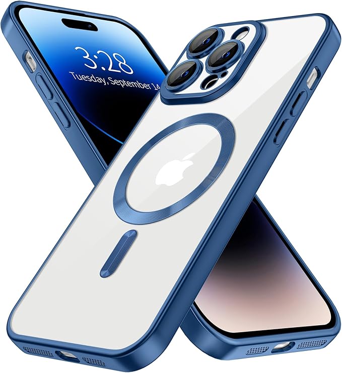 Hython Magnetic Clear for iPhone 14 Pro Case with Camera Lens Protector [Compatible with MagSafe] Luxury Plating Edge Slim Soft TPU Cover Protective Phone Case for iPhone 14 Pro 6.1", Matte Deep Blue