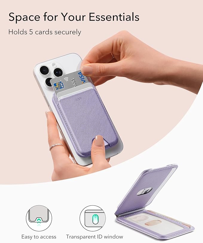 ESR Aura for MagSafe Wallet with Adjustable Stand, RFID Blocking, MagSafe Ring Included, 5 Card Holder Magnetic Wallet for iPhone 17e/17/16/15/14/13/12, Not for 13/12 Mini, Selected Samsung, Lavender