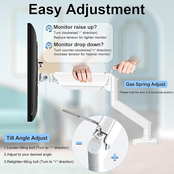 Single Monitor Mount Arm Fits up to 32 Inch, Desk Mount Holds 4.4-19.8lbs Computer Screen, Full Motion Gas Spring,VESA, White