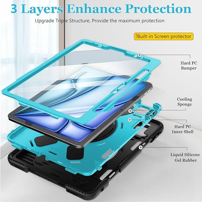 Case for iPad Air 11 M4 2026/ M3 2025/ M2 2024: Silicone Cover for iPad Air 5th & 4th Generation 10.9 Inch (2020/2022) with Screen Protector- Stand- Handle- Shoulder Strap- Pencil Holder