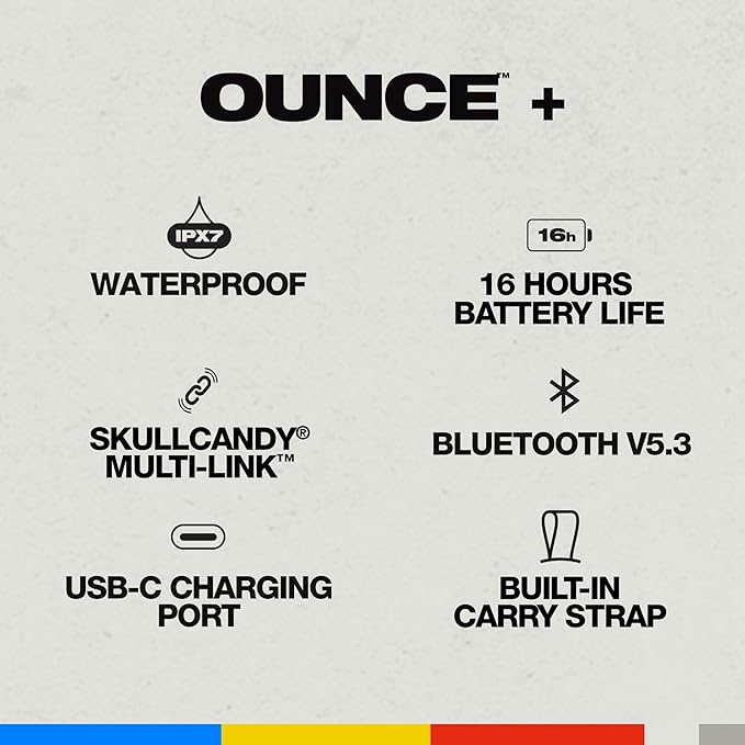 Skullcandy Ounce+ Wireless Bluetooth Speaker - IPX7 Waterproof Mini Portable Speaker with 16 Hour Battery, True Wireless Stereo, and Ballistic Nylon Carry Strap