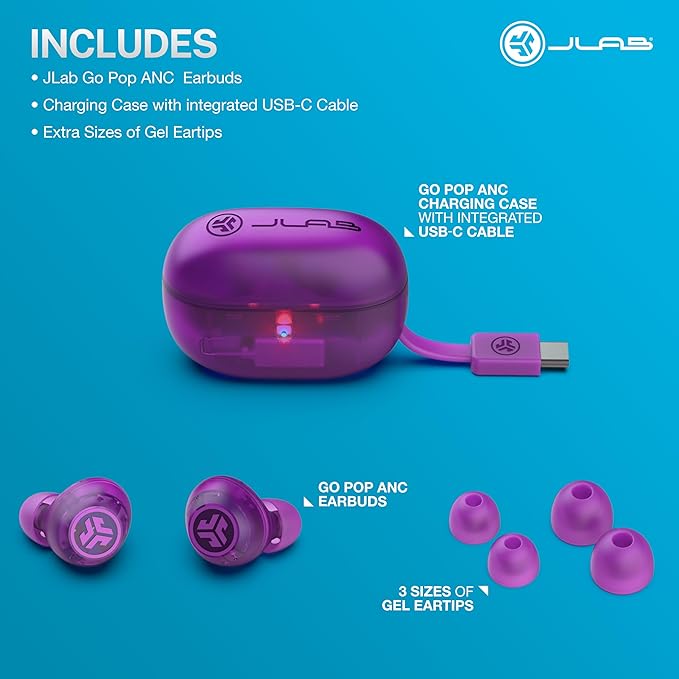 JLab Go Pop ANC, True Wireless Earbuds, Active Noise Cancelling, Transparent Purple