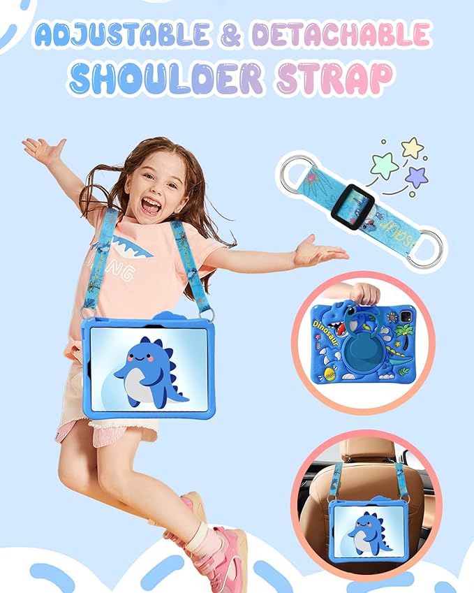 Boaretiu for iPad Air M4/M3/M2 11"/Air 4th/Air 5th Gen/for iPad Pro 11"(1/2/3/4) Case - Cute Cartoon Silicone Cover with Adjustable Shoulder Strap & Rotating Stand for Kids Boys Girls, Blue Dinosaur