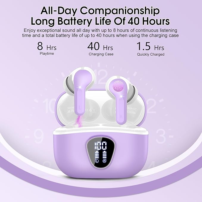 Wireless Earbuds, Bluetooth 5.4 Headphones HiFi Stereo, Bluetooth Earbuds with ENC Noise Cancelling Mic, IP7 Waterproof in Ear Earphones, 48H, LED Display Ear buds for Pad Workout Sports, Purple