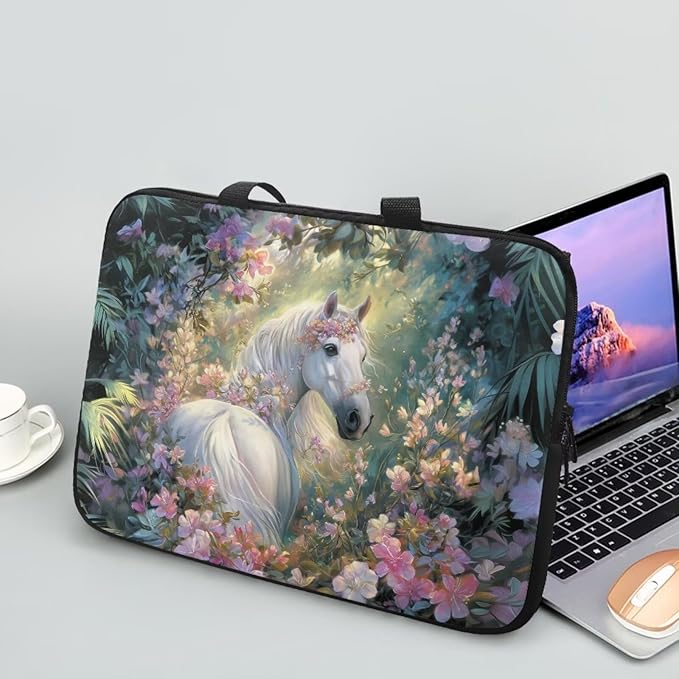 15 Inch Horse Flowers Laptop Sleeves, Zippered Computer Bag Waterproof Tablet Carrying Cover, Laptop Organizer Tote Bag Portable Notebook Handbag, Back to School Supplies College