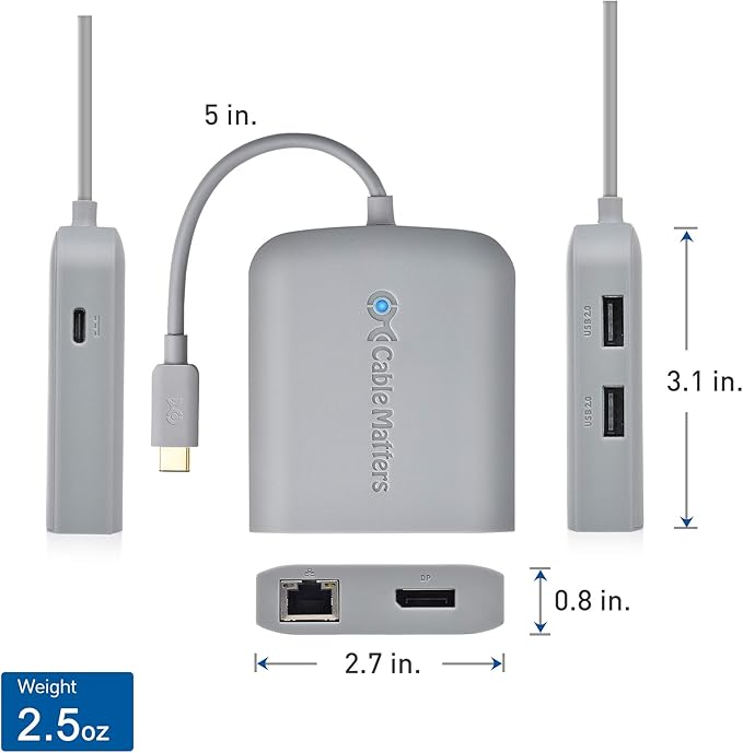 Cable Matters USB C Hub DisplayPort, 4K@60Hz (USBC DisplayPort Hub), 100Mbps Ethernet, 2X USB, 60W Host Charging in Gray - Thunderbolt 4 / Thunderbolt 3 Port Compatible for MacBook Pro