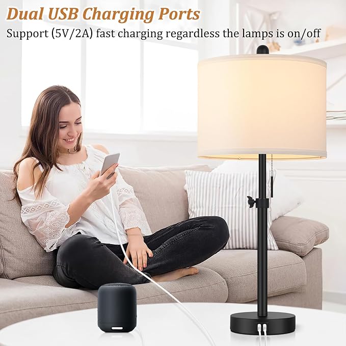 Kondras Table Lamp for Bedroom Set of 2, 23" to 30" Height Adjustable Bedside Lamp with 2 USB Ports, Black Nightstand Lamp with White Shade, Modern Pull Chain Table Lamp for Living Room End Table