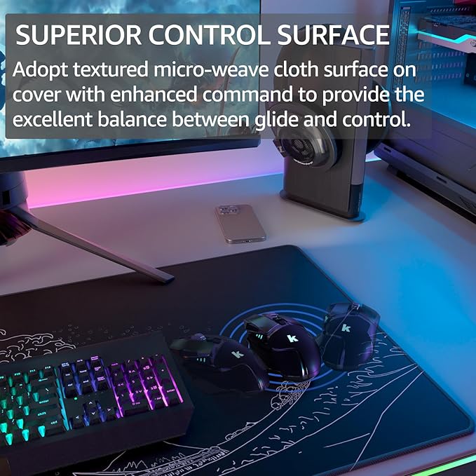 KTRIO Large Gaming Mouse Pad Desk Mat, Superior Micro-Weave Cloth, Non-Slip Rubber Base, Stitched Edges, Water-Resistant, for Gamer, Office & Home, 31.5 x 15.7 Inch，Kanagawa Wave