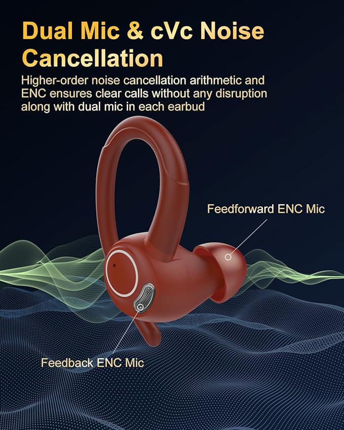 Jesebang Wireless Earbuds Bluetooth 5.4 Headphones Sport, 2025 Wireless Earphones with Earhooks, HiFi Stereo Deep Bass with ENC Mic, 40H Dual LED Display, IP7 Waterproof Ear Bud for Small Ear, Red
