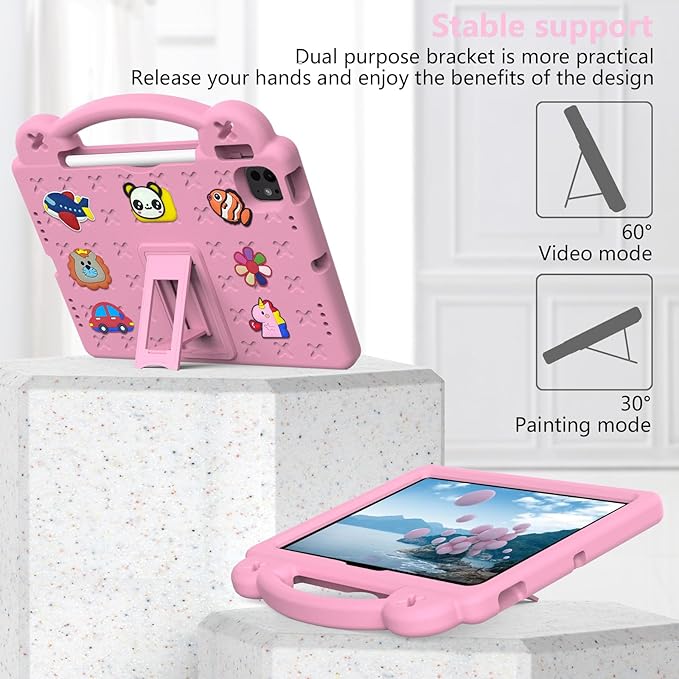 Dteck Case for iPad Air 13 Inch,iPad Pro 13 inch 2024 M4 Kids Case,iPad Pro 12.9 Case 6th/5th/4th/3rd Gen,Cartoon Panda Shockproof Rugged Lightweight Convertible Stand Handles Kids Friendly Case,Pink