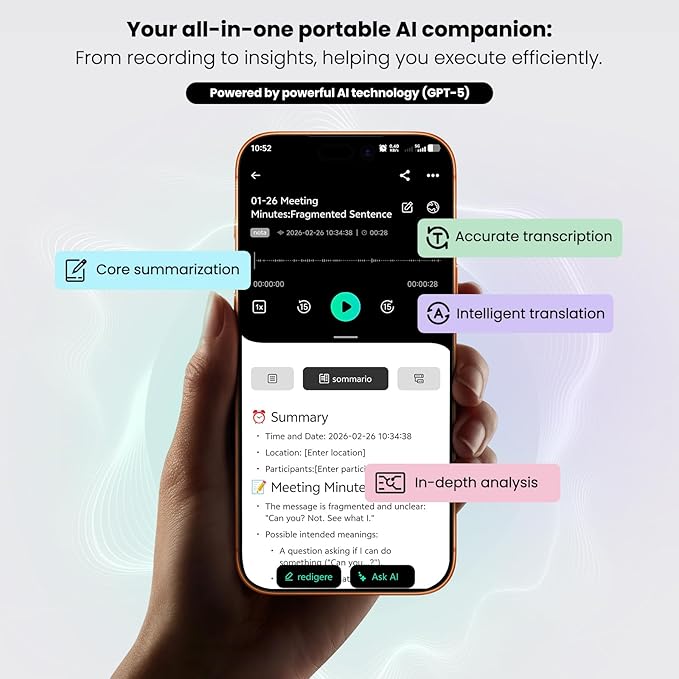 Mocoll AI Voice Recorder, Transcribe & Summarize with AI, App Control,Supports 120 Languages,64GB Note Taking Device w/Magnetic Case, 45H Recording, Ultra-Slim, Note Taker for Meetings, Interviews