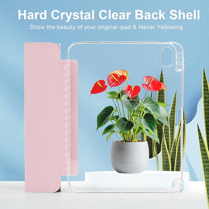 Case for iPad A16 11th Generation 11 Inch 2025, iPad 10th Generation 10.9 Inch 2022, Hybrid Protective Cover with Pencil Holder, Clear Transparent Back Shell Anti-Yellowing Case, Pink