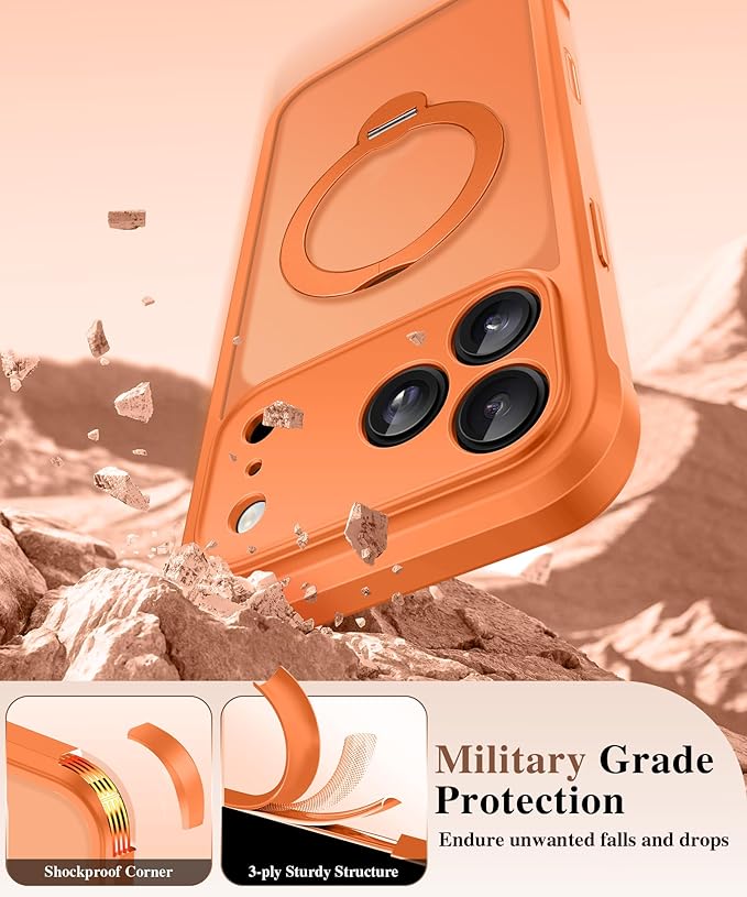 BERFY for iPhone 17 Pro Case, Compatible with MagSafe, Built in Privacy Screen Protector, Shockproof Full Body Phone Case for 17 Pro with Magnetic Stand, Translucent Orange