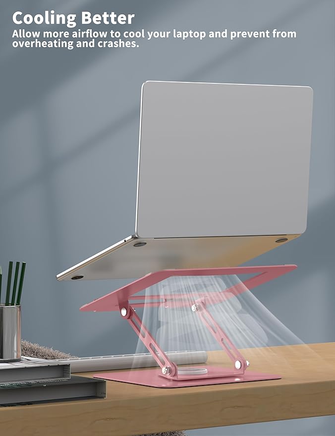 ALASHI Laptop Stand for Desk with 360° Rotating Base, Multi-Angle Adjustable Laptop Stands, Foldable Laptop Riser Compatible with 10 to 15.6 Inches PC Computer, Pink