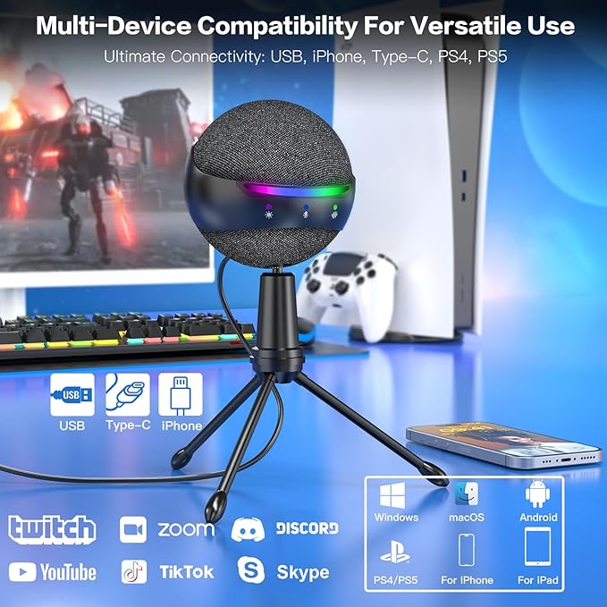 ZealSound Podcast USB Microphone for PC/Mac/iPhone, Cardioid Condenser Mic with Noise Reduction, Tap-to-Mute, RGB Lighting, Zero Latency Monitoring, Volume Control for Gaming, Recording, YouTube