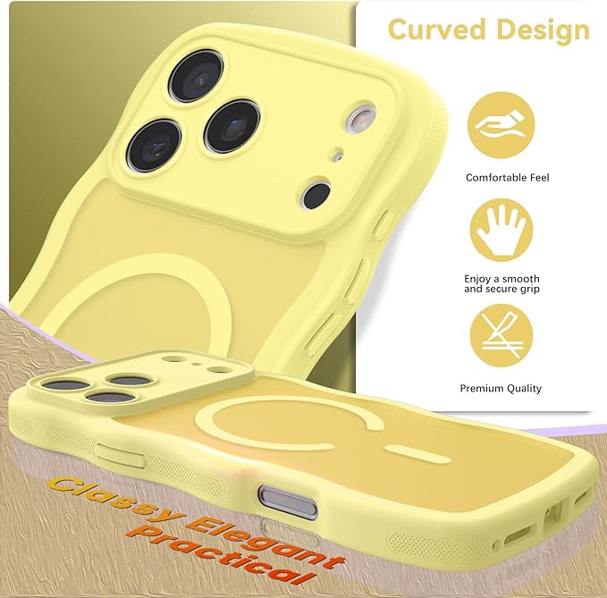 BENTOBEN Magnetic for iPhone 17 Pro Case, Cute Wavy Full Camera Protection [Compatible with MagSafe] Matte Anti-Slip Bumper Women Girls Boys Protective Cover for 17 Pro 6.3", Yellow