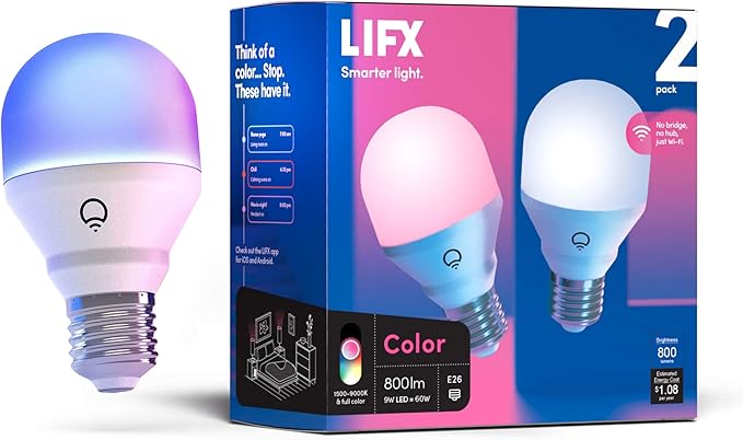LIFX Color 800 Lumens Smart LED Light Bulb 2-Pack and 40" Extension Lightstrip, No Bridge Required, Compatible with Alexa, Hey Google, HomeKit and Siri