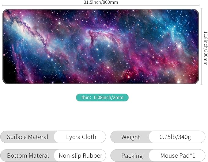 Thin Extended Gaming Mouse Pad （31.5 * 11.8 * 0.08 inch） with Stitched Edges Large Mousepad Long XXL Keyboard and Mouse pad Desk Mat for Gaming Office & Home - Galaxy Nebula Space