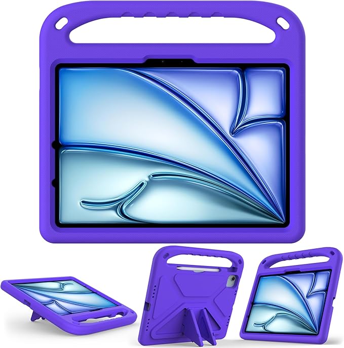 Dteck Kids Case for iPad Air 11" M2 (2024), iPad Pro 11" M4 (2024) with Pencil Holder, Shockproof Rugged Protective Handle Stand, EVA Foam Case, Purple