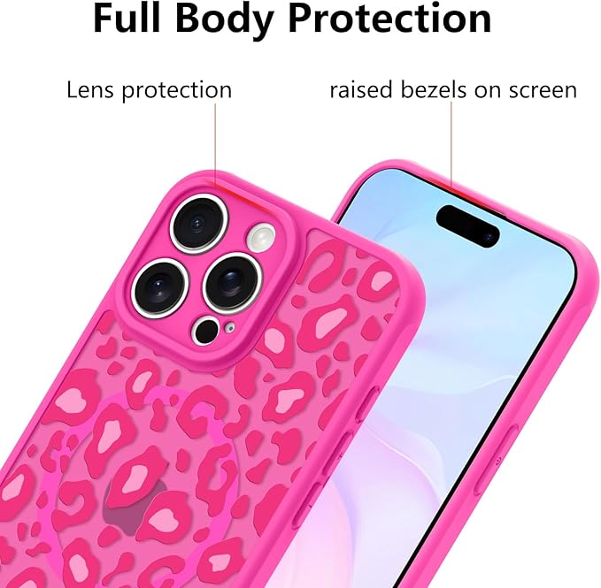 KANGHAR Case for iPhone 16 Pro Max Hot Pink Leopard Printed Pattern Cute Cheetah [Compatible with Magsafe] Protective Magnetic Case for Girls Women 6.9"