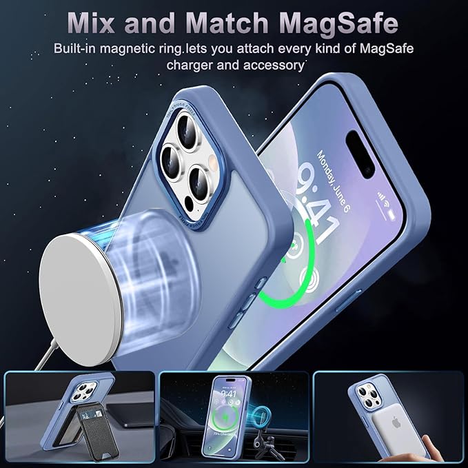 Newfuture Magnetic for iPhone 15 Pro Case [Compatible with Magsafe] [Military Grade Drop Protection] Translucent Matte Anti-Fingerprint Shockproof Phone Case for iPhone 15 Pro 6.1 inch, Light Blue