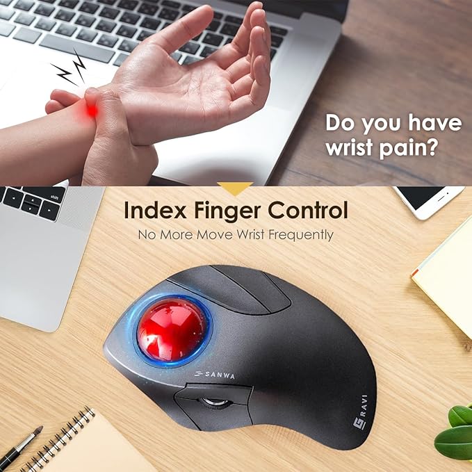 SANWA Bluetooth 5.1 + 2.4 G Wireless Ergonomic Trackball Mouse, Finger Control Roller Ball Mouse, 3 Device Switch, Silent Programmable Buttons, 1000/1600/2400 DPl, Compatible with PC, Windows, MacOS