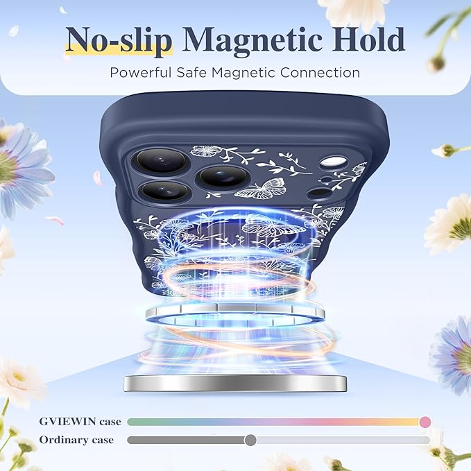 GVIEWIN for iPhone 17 Pro Case Compatible with MagSafe [Curly Wave Edge][Full Camera Protection] Floral Translucent Shockproof Magnetic Women Phone Case for iPhone 17 Pro 6.3'', Tuberose/Blue