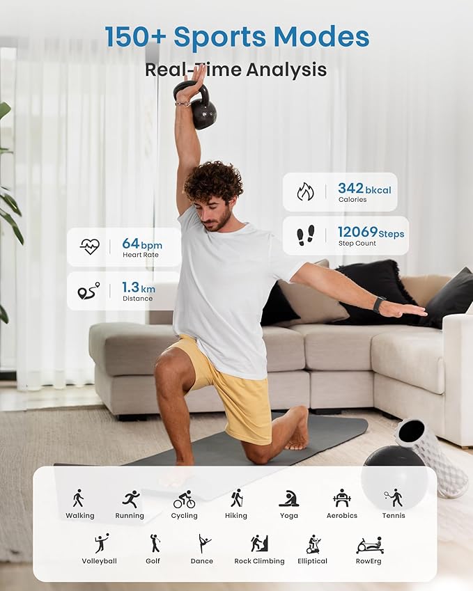 Smart Bracelet, Health Fitness & Activity Tracker with All-Day Continuous Heart Rate/Blood Pressure Monitor, Sleep Tracker, 170+ Sport Modes, 60 Day Battery & Free App, IP68 Smart Band for Android IOS