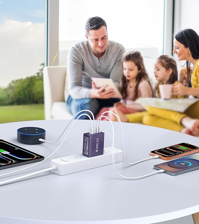 [2Pack] 50W USB C Plug,5-Port Fast Charger Block PD+QC Cube Wall Charging Box Brick for iPhone 17/16/15/14/13 for Samsung Galaxy S25/S24/S23/S22/S21+/S21 Ultra, Magsafe Wireless Charger,(Purple)