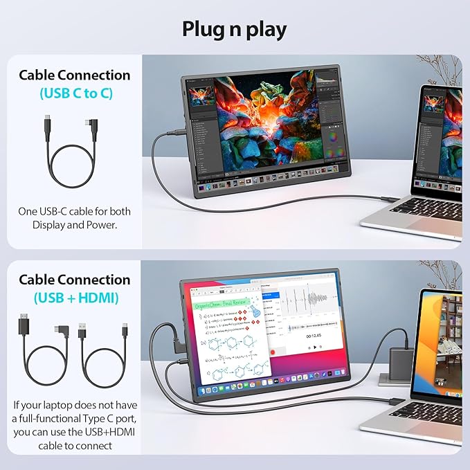 16.2'' Portable Monitor FHD 1200P USB-C/HDMI with Retractable Stand & Speakers, Ultra-Slim Computer Display HDR Eye Care Laptop Screen Plug-Play, External Monitor for MAC PC Phone PS4 Xbox