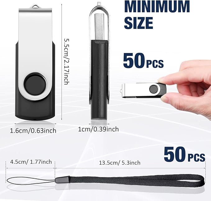 Aoriher 50 Pack USB 2.0 Flash Drives Bulk, Portable USB Thumb Drives with Lanyards, Swivel Flash Drives Thumb Drives for Office School Data Storage (4GB)