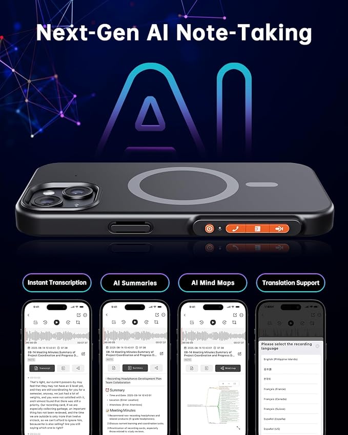 Yorlu AI Voice Recorder, AI Recorder Phone Case with Transcribe＆Summarize, AI Noise Cancellation, 80+ Language Translation with APP, 32GB Magnetic Note Voice Recorder for Calls, Meetings