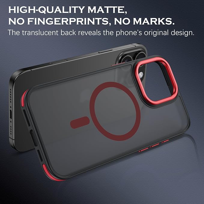 YINLAI Case for iPhone 16 Pro Max, Magnetic Case [Compatible with Magsafe] Supports Wireless Charging Slim Translucent Matte Women Men Shockproof Protective Back Phone Cover 6.9 Inch,Black/Red