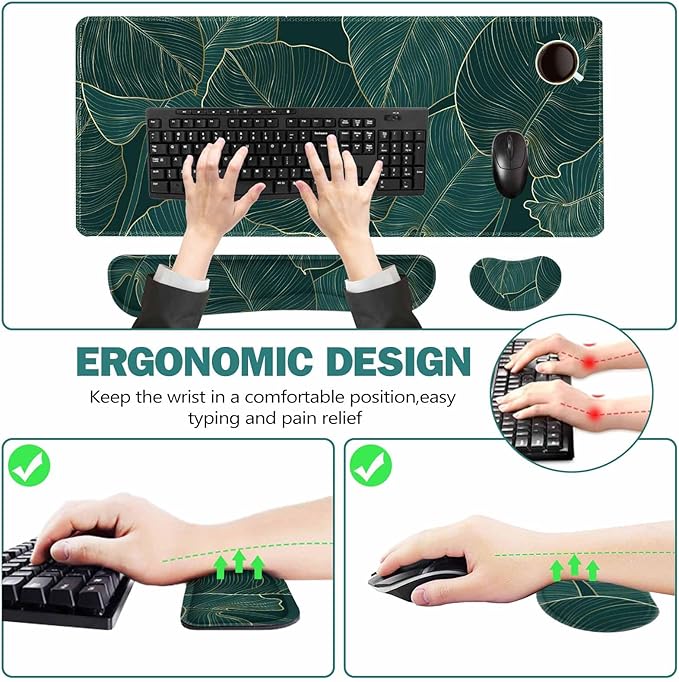 ToLuLu Extended Gaming Mouse Pad, Memory Foam Ergonomic Keyboard Mouse Wrist Rest Support Set, Large Desk Mat with Stitched Edges, Non-Slip Base Mousepad for Home Office Game, Green Golden Leaves