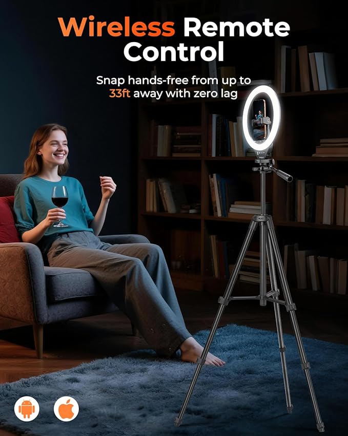 Sensyne Ring Light with Stand, 50" Phone Tripod for iPhone & Android, LED Ring Light with Remote, 3 Color Modes & 10 Brightness Levels for TikTok, Zoom & Video Recording