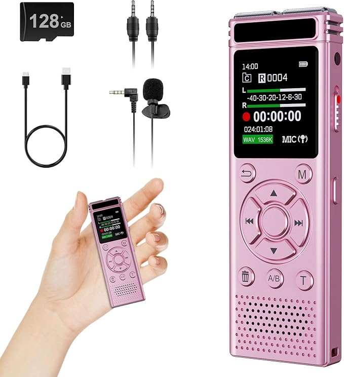 136GB Digital Voice Recorder with Playback,9000 Hours Audio Recording Device,Voice Activated Recorder with Noise Reduction,A-B Repeat,Mp3 Player & Password for Lectures Meeting/Classes/Interviews,Pink