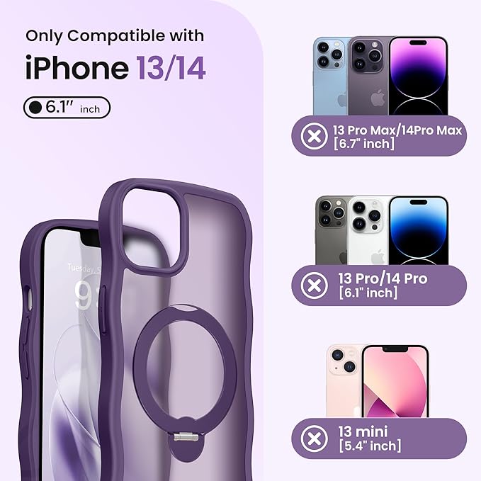 CAPRARO for iPhone 13 Case & iPhone 14 Case with 360° Spin Magnetic Stand for Women, [Compatible with MagSafe] [Camera Protection] Cute Wave Translucent Matte Case for iPhone 13/14, Deep Purple